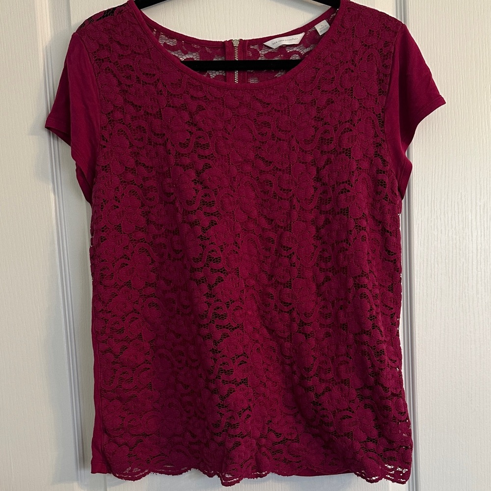New York & Company Elegant Lace Overlay Raspberry Zippered Top
